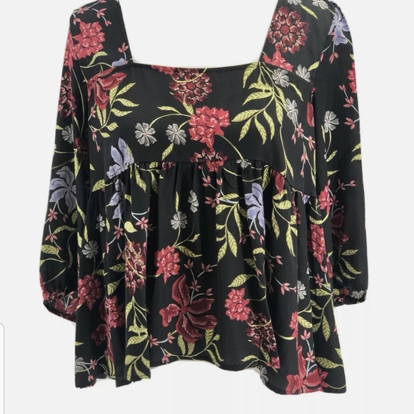 Anthropologist Dolan Cherie Black Floral Babydoll Blouse Top Size Large - Picture 5 of 11